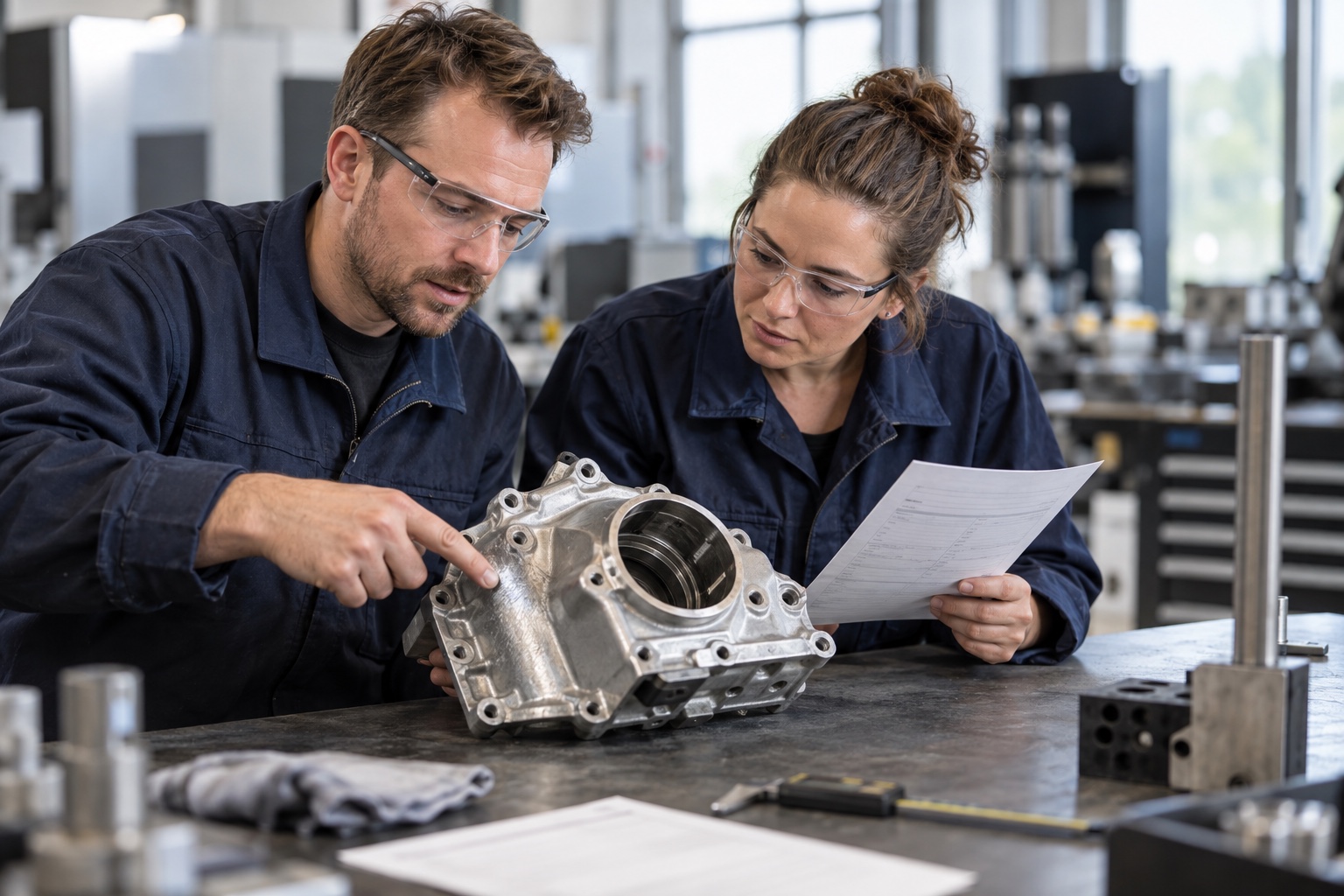 Twee collega’s onderzoeken samen een afwijking aan een metalen onderdeel op een werkbank