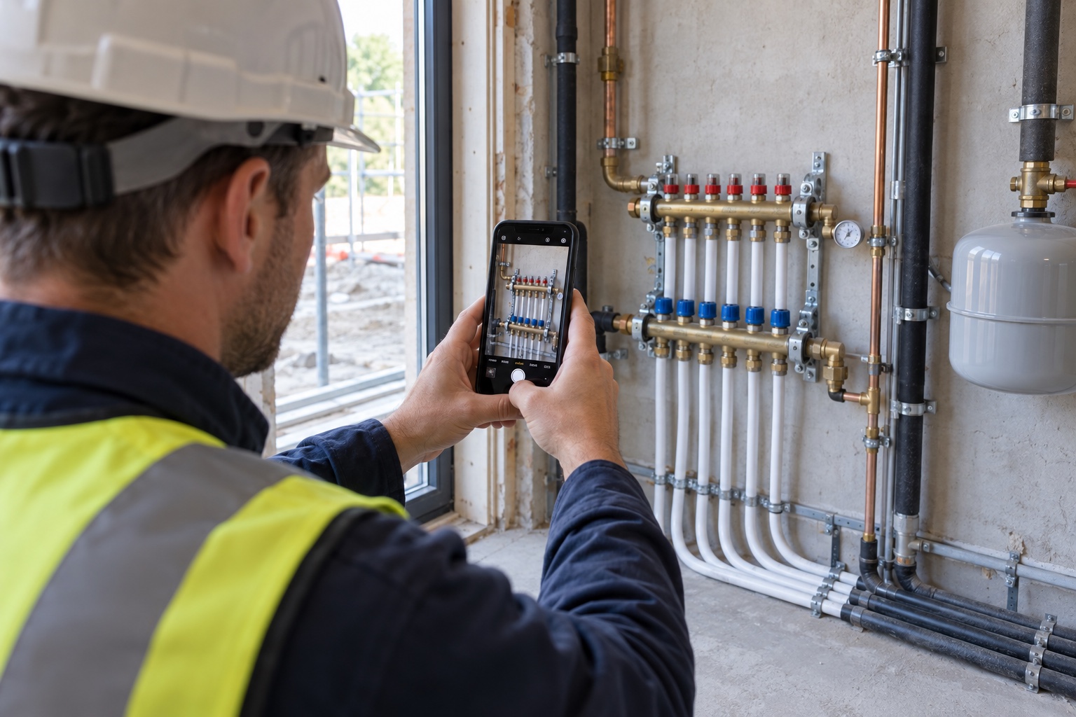 Een bouwmedewerker fotografeert een installatie met een iPhone om het uitgevoerde werk vast te leggen