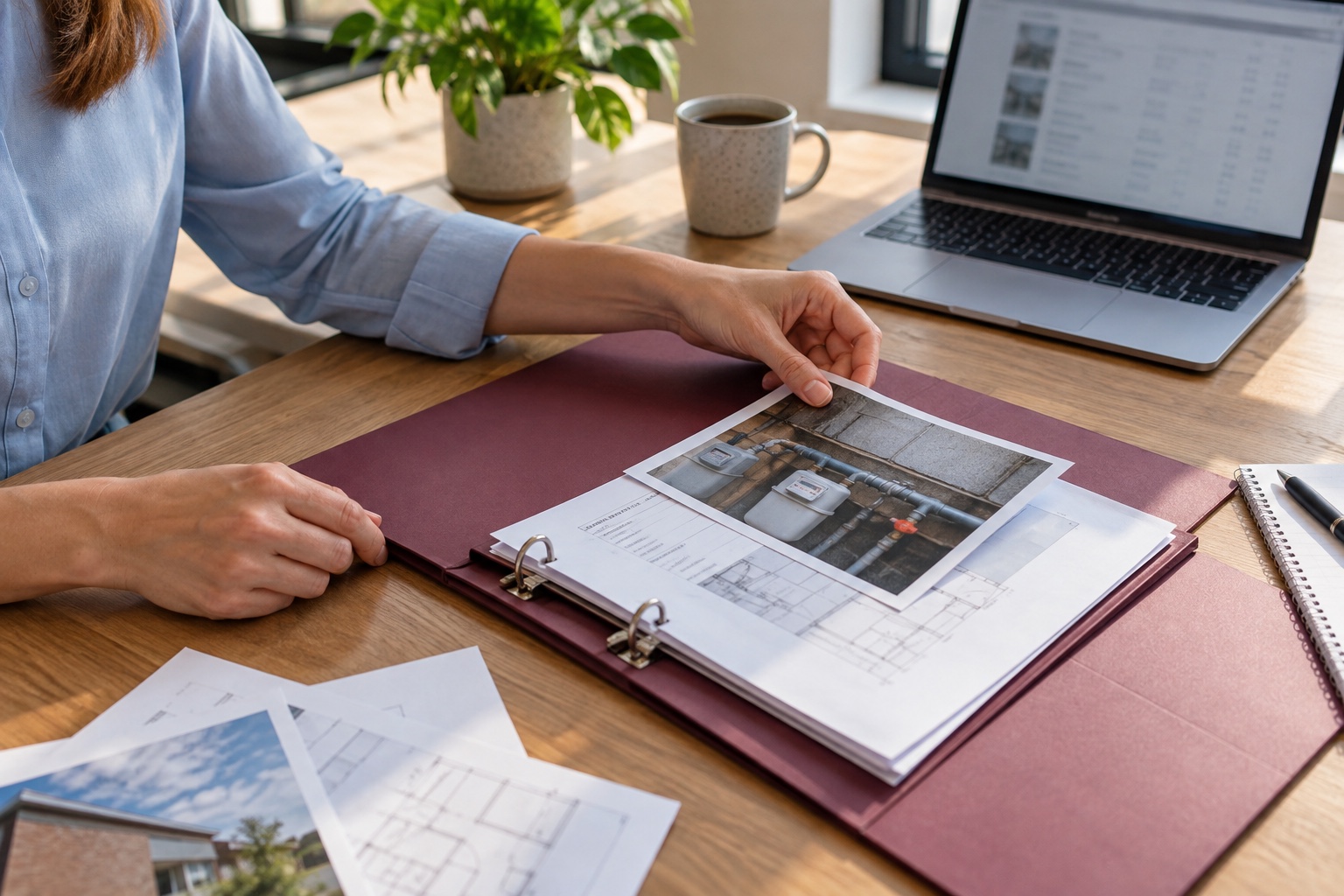 Een medewerker brengt werkdocumenten en een inspectiefoto samen in één dossier
