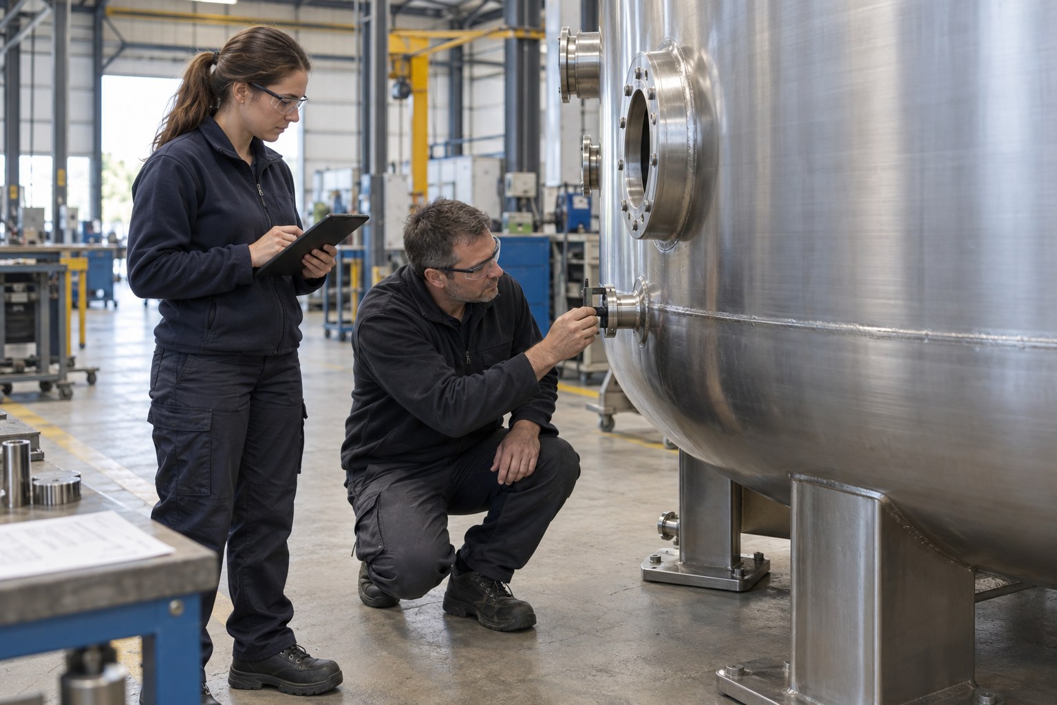 Twee kwaliteitsmedewerkers controleren een metalen tank en leggen een meting vast op een tablet