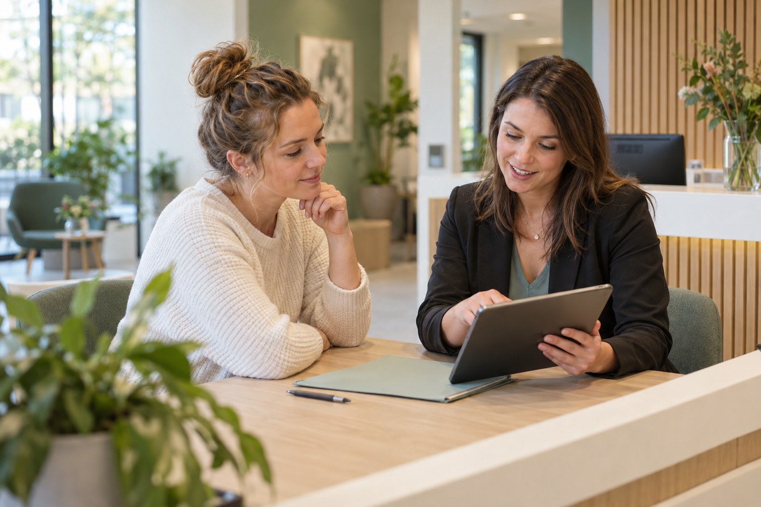 Twee medewerkers bespreken de volgende stap in een intakeproces aan een bureau met een tablet