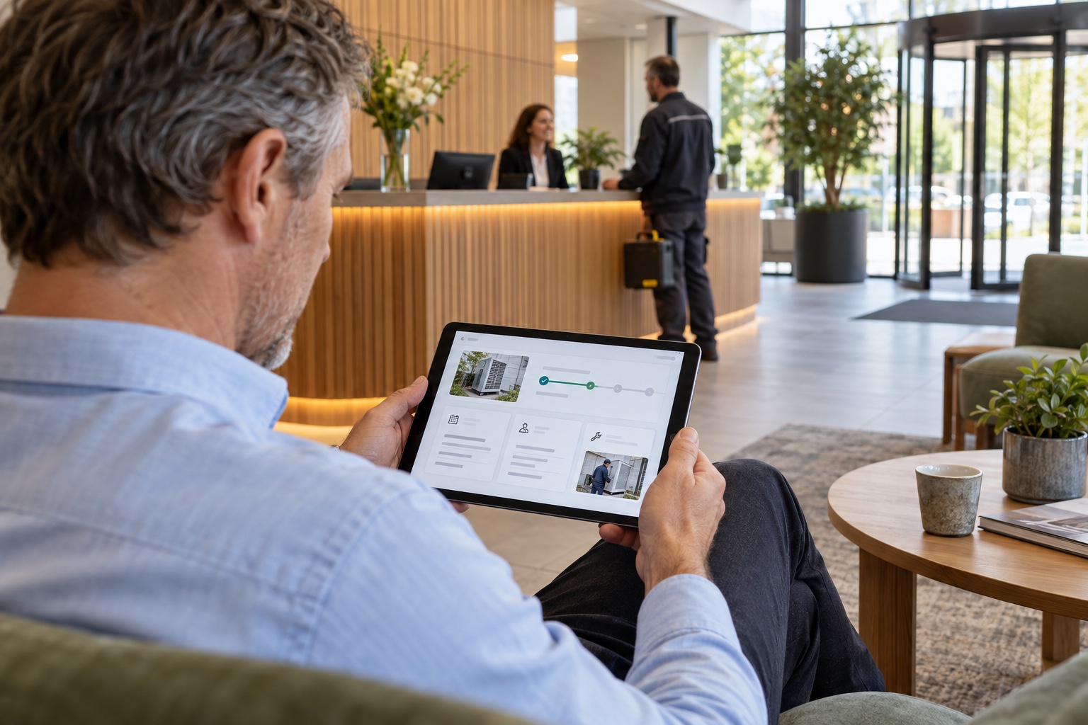 Een locatiebeheerder bekijkt informatie over een serviceopdracht op een tablet