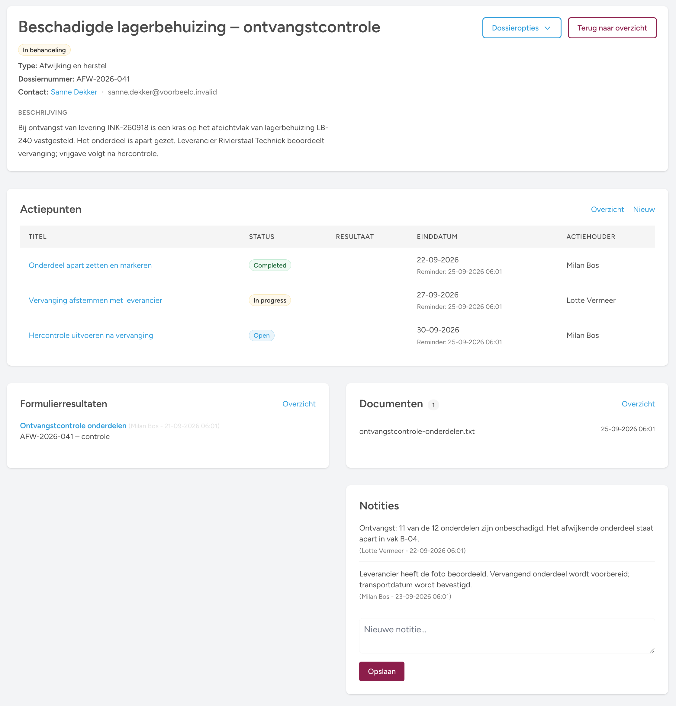 Dossier met de beschadigde lagerbehuizing, registratie en opvolging