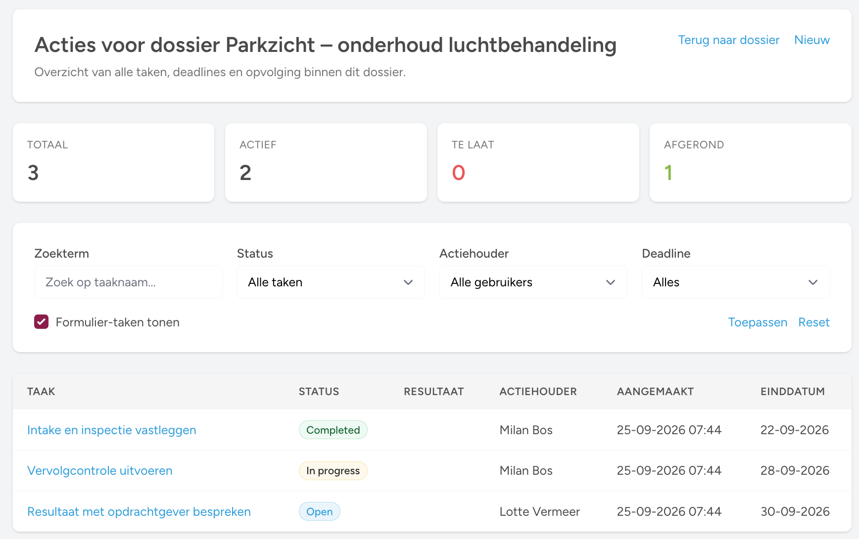 Dossieracties voor beoordeling en hercontrole van een ontvangstcontrole
