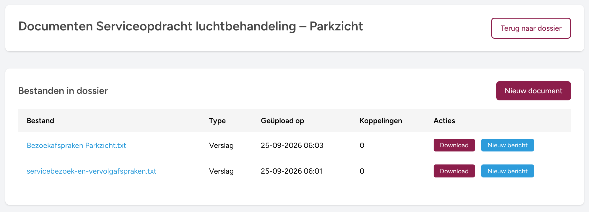Documenten bij de serviceopdracht voor luchtbehandeling op locatie Parkzicht