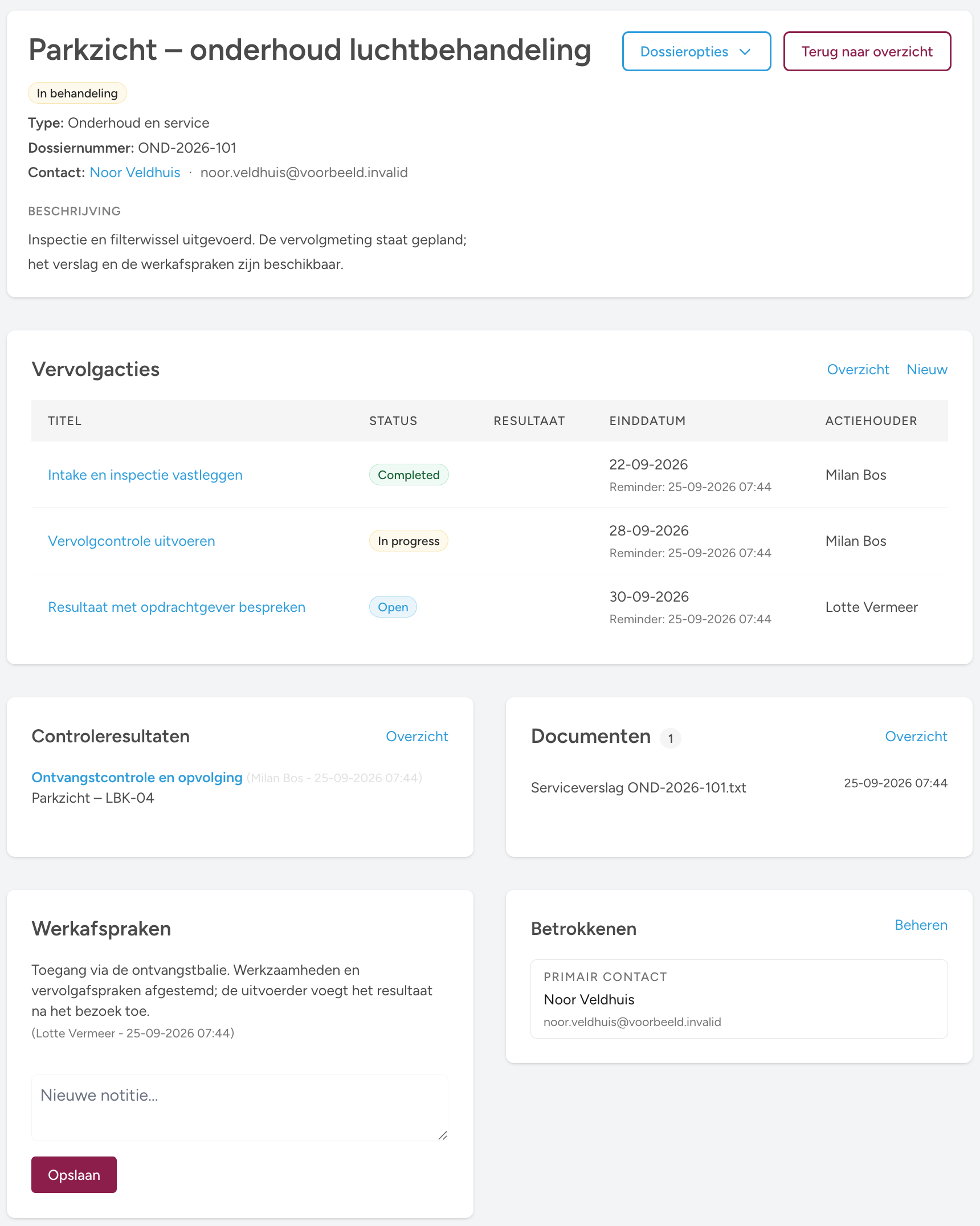 Onderhoudsopdracht met context, acties en notities in één dossier