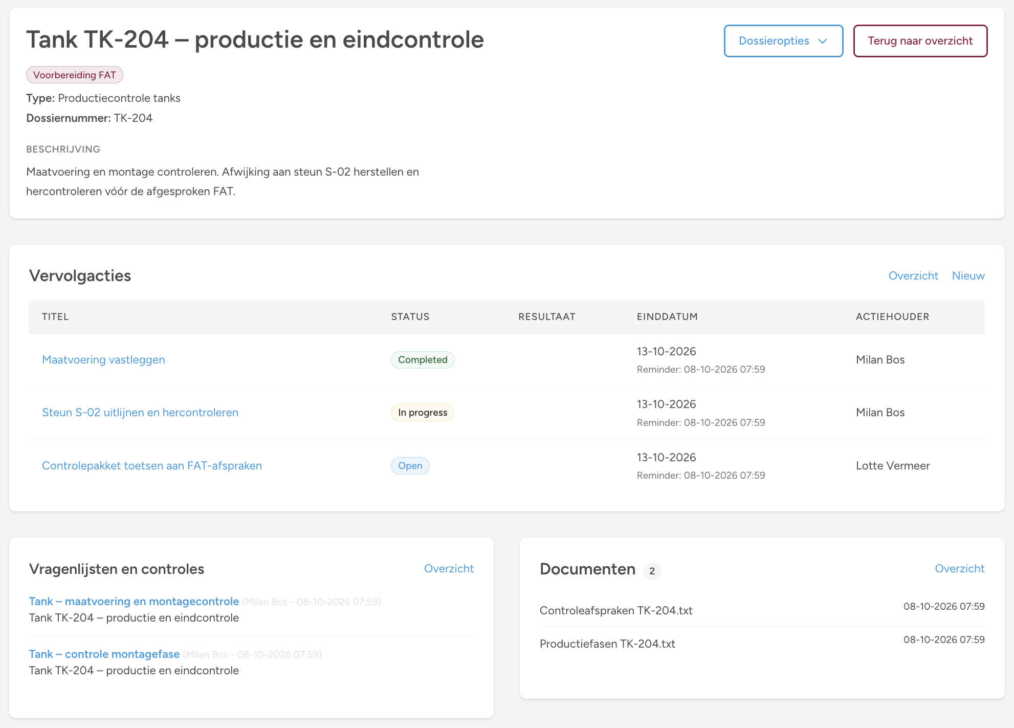 Fictief productdossier van tank TK-204 met controles en vervolgacties voor de FAT