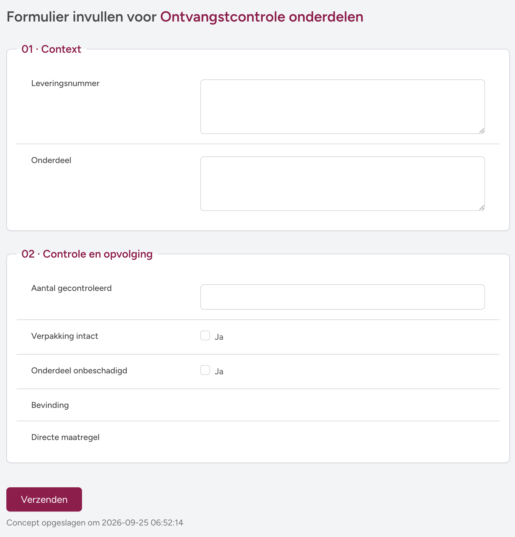 Ontvangstcontrole met velden voor levering, onderdeel en bevindingen