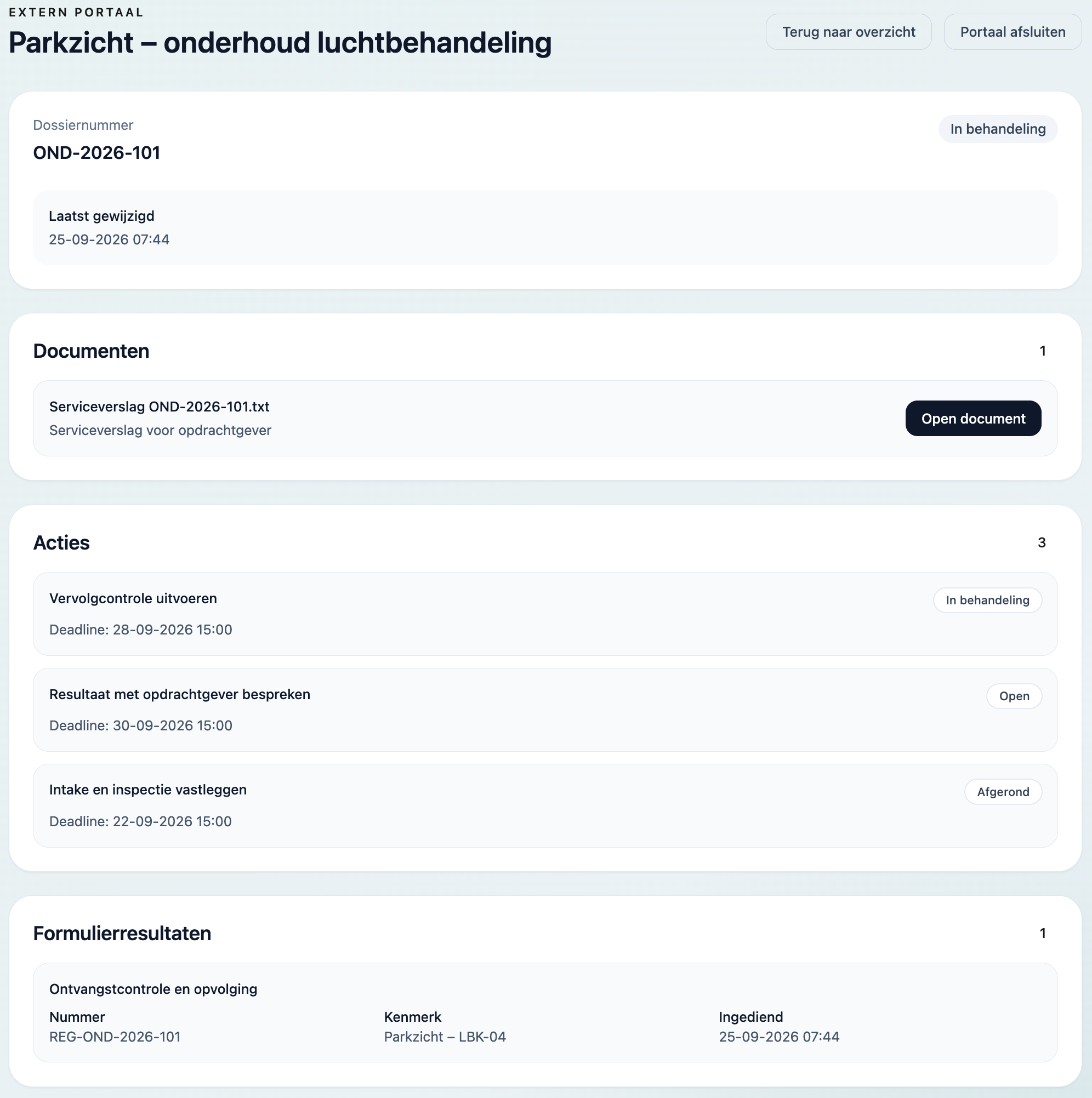 Gedeelde serviceopdracht met status, documenten en vervolgacties