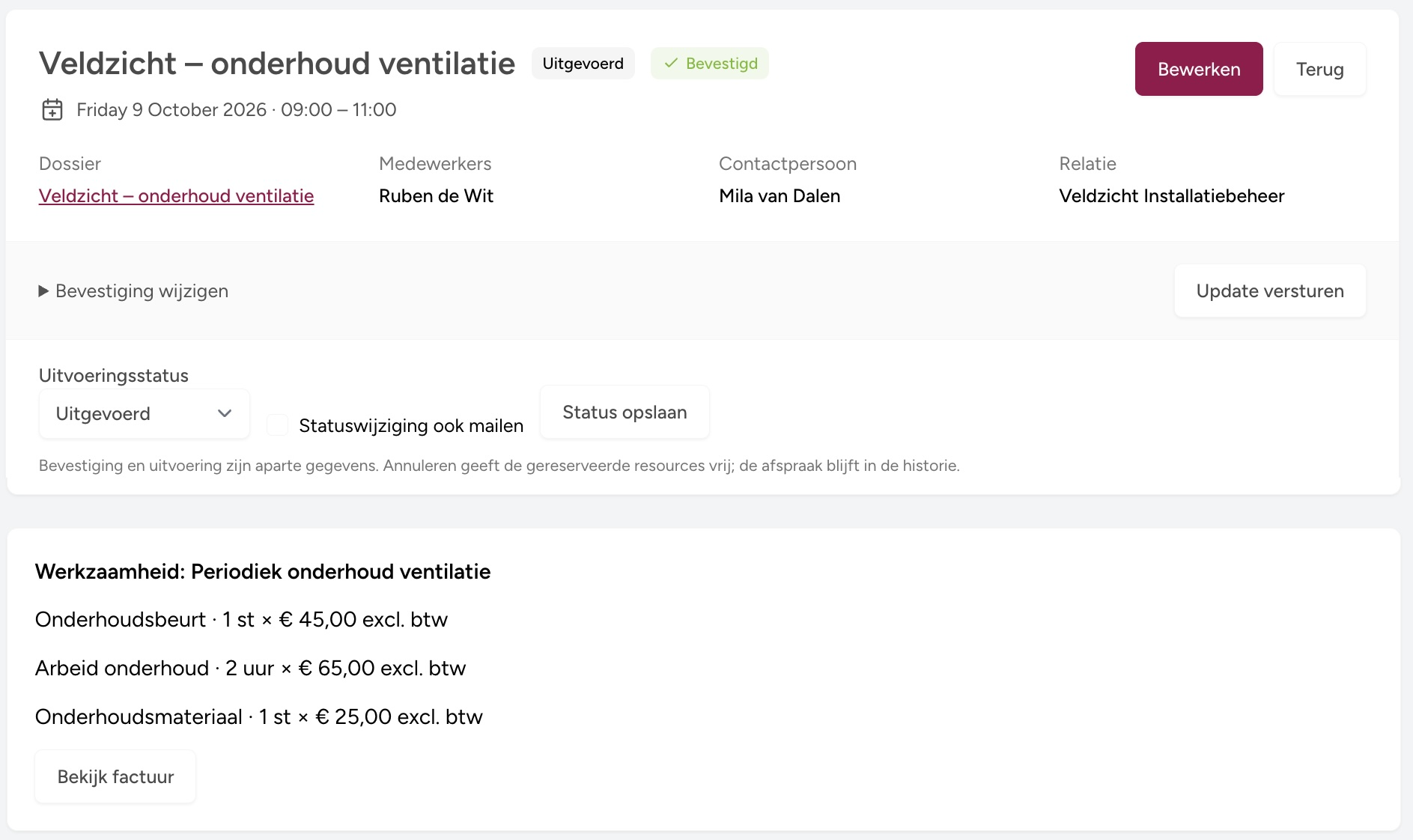Een uitgevoerde onderhoudsafspraak met de klant en bijbehorende artikelregels
