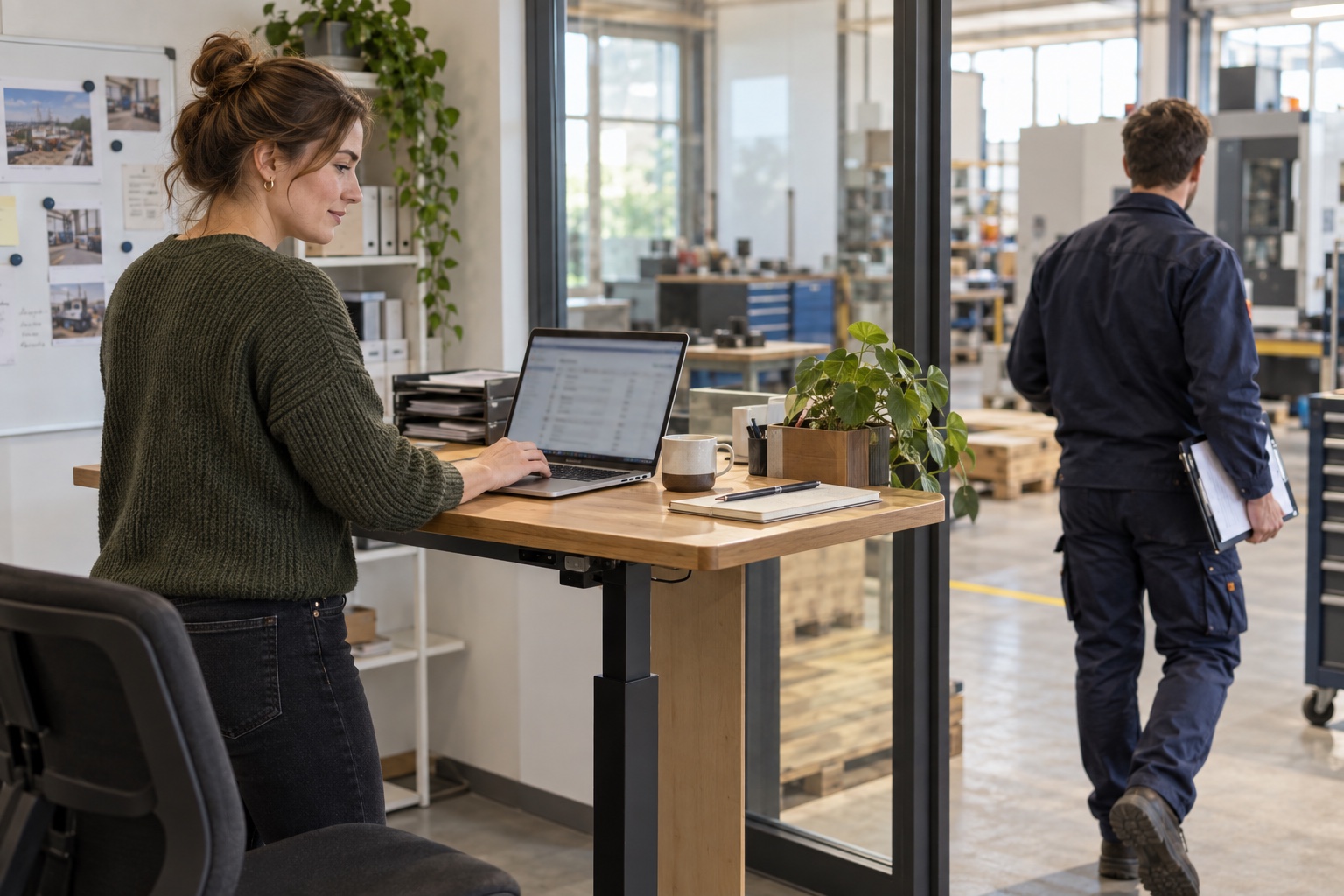 Een coördinator bekijkt de werkverdeling terwijl een collega naar de werkplaats gaat