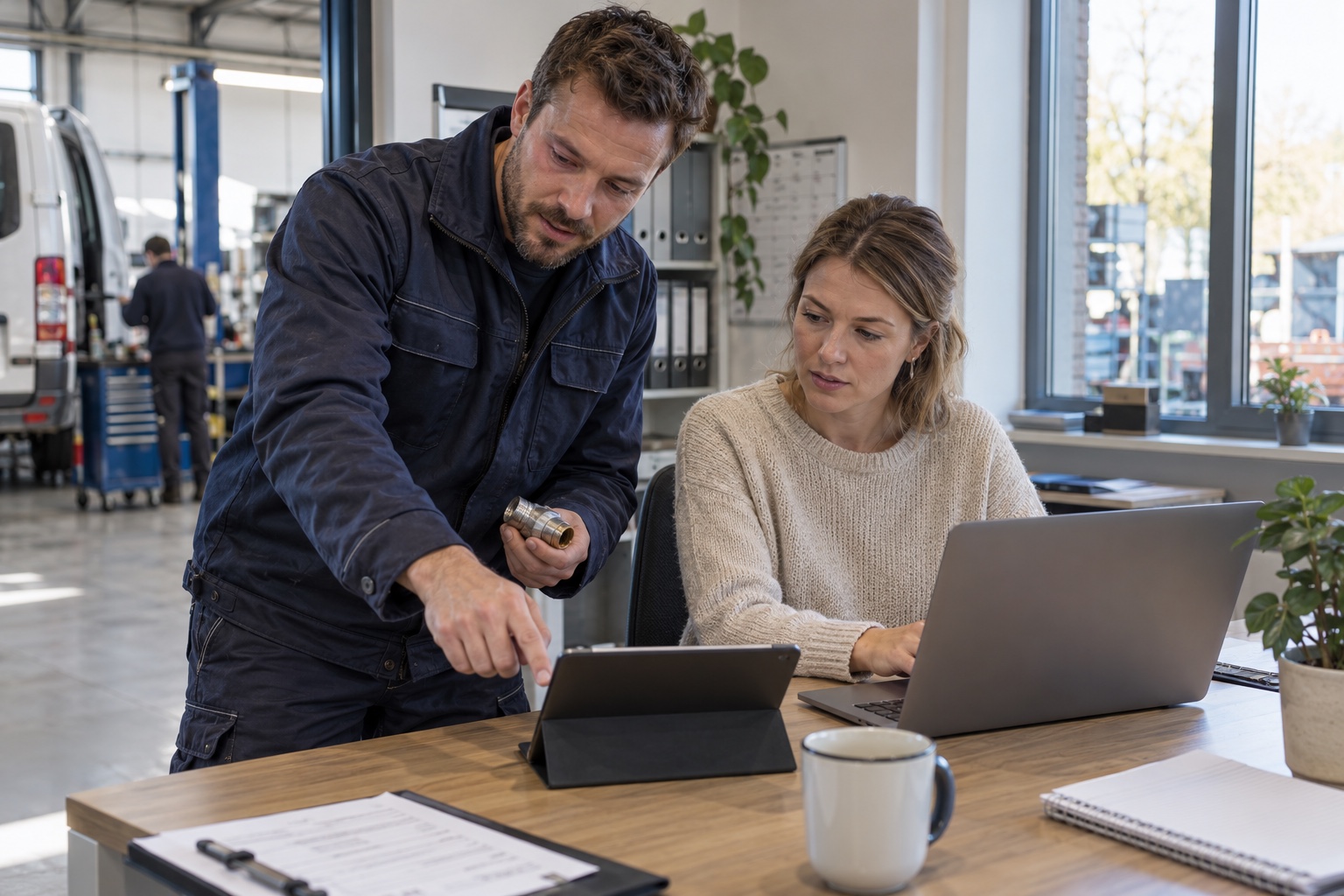 Een onderhoudsmonteur en een administratief medewerker bespreken uitgevoerd werk en gebruikt materiaal bij een tablet en laptop