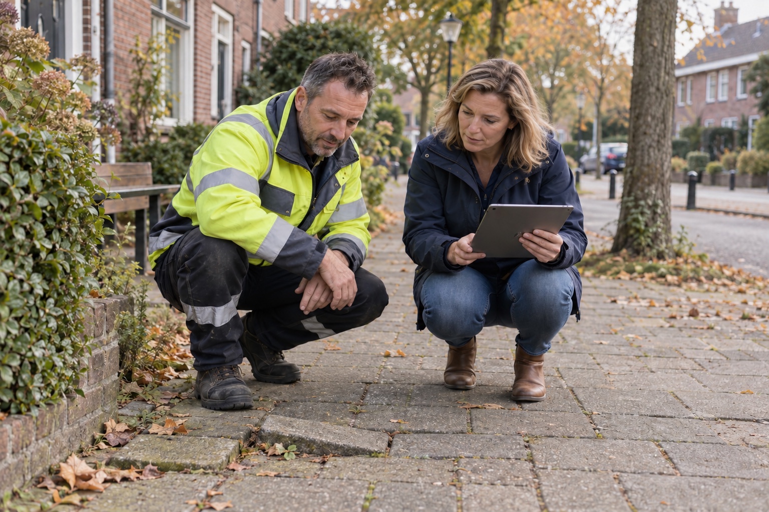 Een coördinator met een tablet en een medewerker van de buitendienst bekijken samen een losliggende stoeptegel