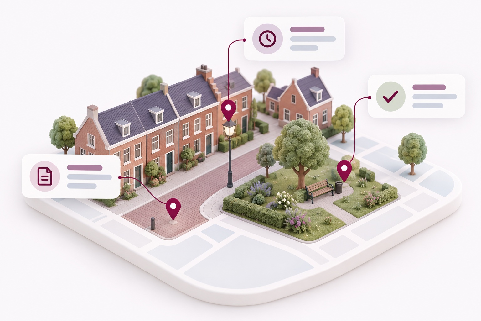 Een wijkkaart met locatiepinnen en kaarten voor meldingen, voortgang en afhandeling