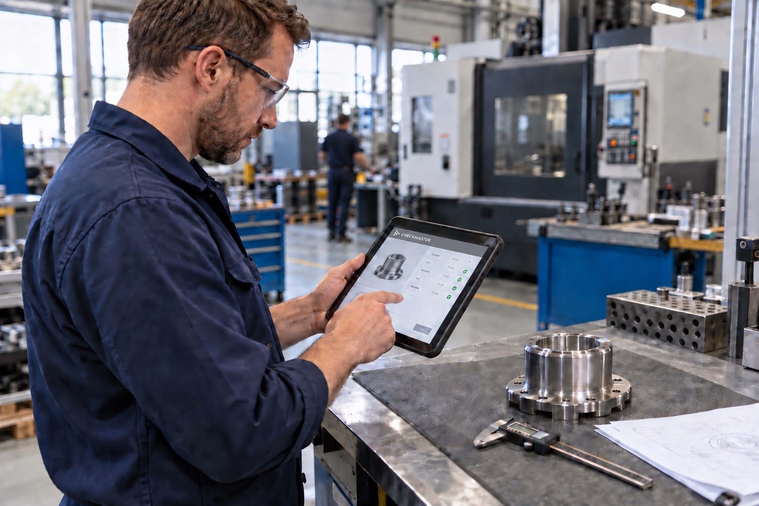 Illustratie van een medewerker die een kwaliteitscontrole vastlegt op een tablet